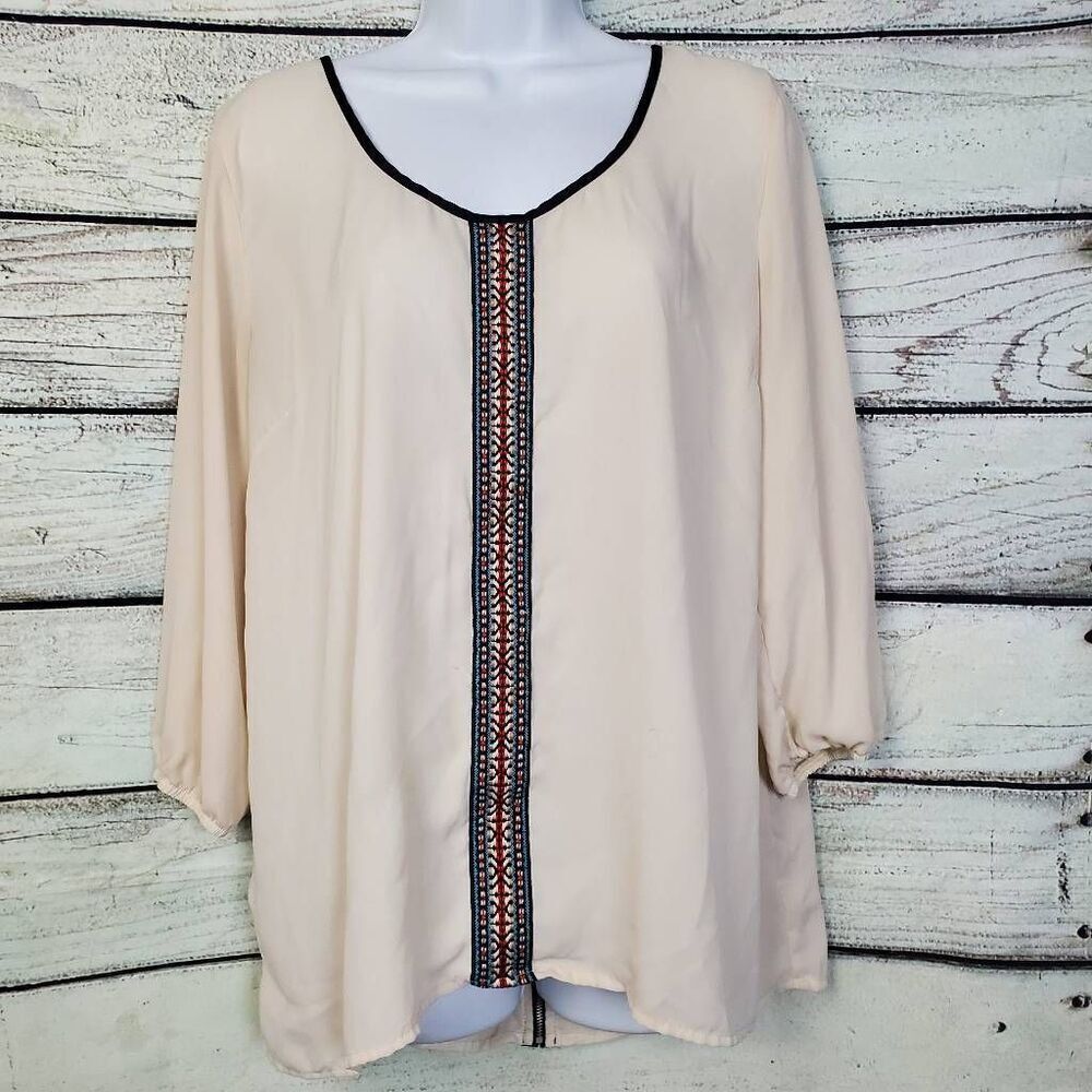 Maurices Women’s Boho Embroidered Peasant Blouse Size L Beige Long Sleeve Lightw